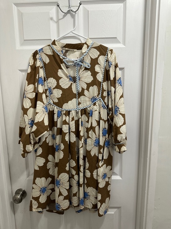 entro Dresses & Skirts - Entro Brown Floral Babydoll Dress with Blue Accents